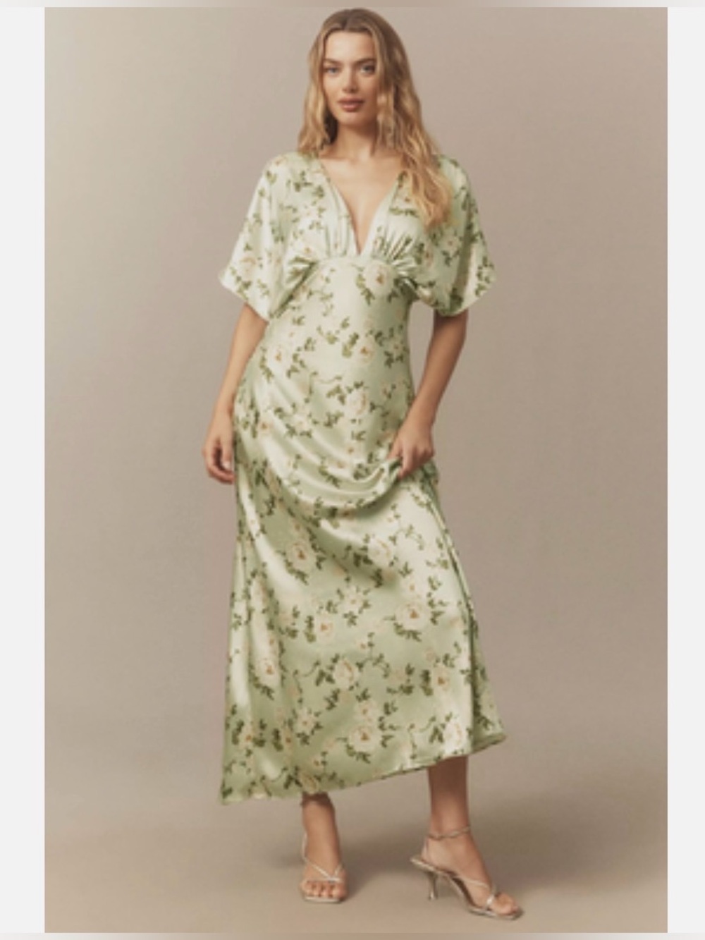 BHLDN Leila Deep V Maxi Dress Green White Floral Women’s Size 10 ALTERED